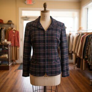 Vintage Y2K Norton McNaughton Black, Red & Green Plaid Zip-Up Blazer – Size 14